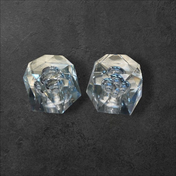 VTG 1950s Set of 2 Candleholders Hand Cut Crystal Glass Geometric Japan 2”x3” - Picture 6 of 13